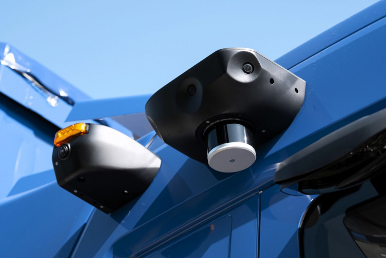 LIDAR sensors mounted on the side of the cab roof of a Scania autonomous truck.
