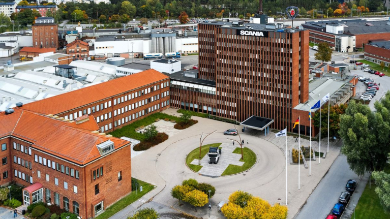 An aerial shot of Scania's head quarters in Södertälje, Sweden.