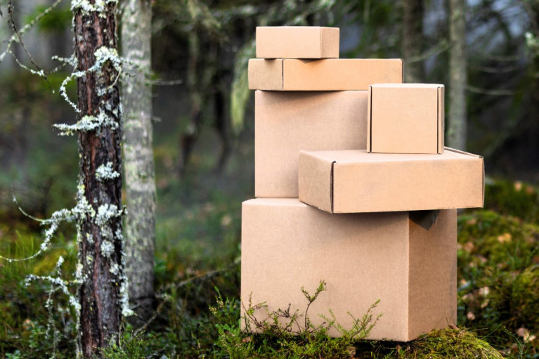 Fibre-based packaging boxes displayed in a forest setting.