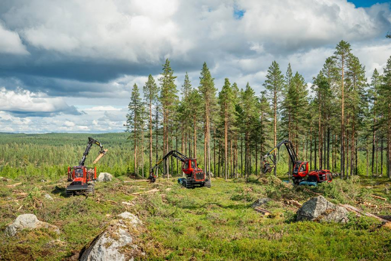 Komatsu Next Generation forwarder and two harvesters representing the company’s updated forestry machine range.