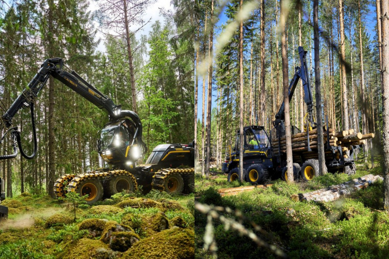 PONSSE Scorpion Thin Line -harvesteri ja Wisent Thin Line -kuormatraktori harvennusmetsässä.