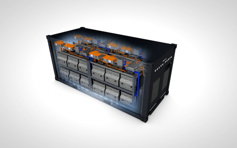 Cutaway illustration of a Volvo Penta battery energy storage subsystem, showing battery modules and electrical connections inside a container.
