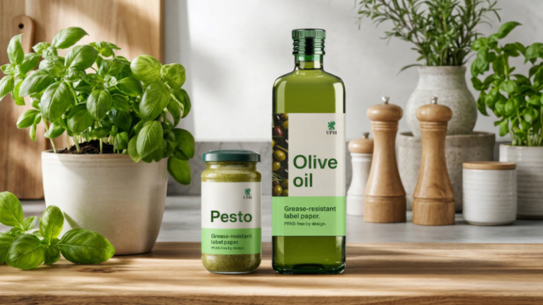 UPM Asendo 80 grease-resistant label paper used on olive oil and pesto packaging.