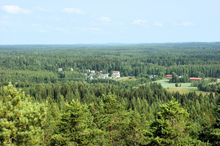 Metsäinen suomalainen maaseutumaisema, jossa peltoja ja rakennuksia ympäröivät horisonttiin jatkuvat metsät.