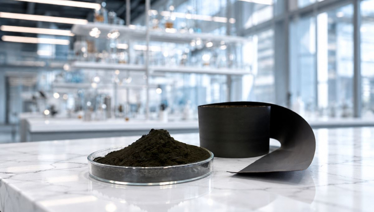Tummaa jauhetta lasimaljassa ja musta materiaalirulla laboratorion pöydällä.